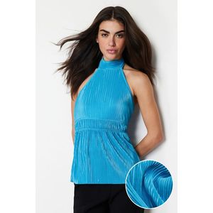Trendyol Blue Pleated Fitted/Fitted Halter Neck Knitted Blouse obraz