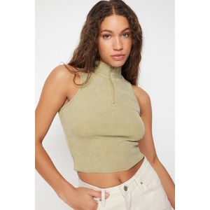 Trendyol Khaki Worn/Faded Effect Fitted Zippered Ribbed Cotton Stretch Knitted Blouse obraz