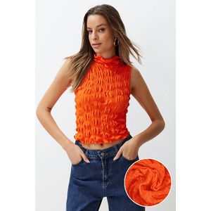 Trendyol Orange High Neck Fitted Crop Textured Stretch Knitted Blouse obraz