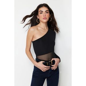 Trendyol Black Tulle Detailed Asymmetric Collar Stretchy Snap Knitted Body obraz