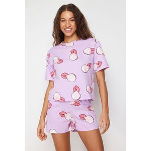 Trendyol Lilac 100% Cotton Lip Patterned Knitted Pajamas Set obraz