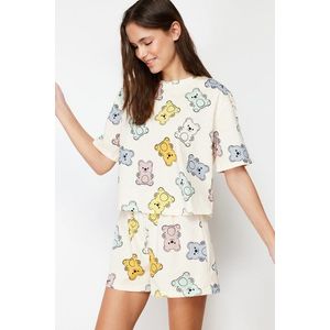Trendyol Ecru 100% Bavlněné Pletené Pyžamo s Vzorem Medvídka obraz