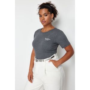 Trendyol Curve Anthracite Embroidery Detailed Ribbed Knitted T-shirt obraz