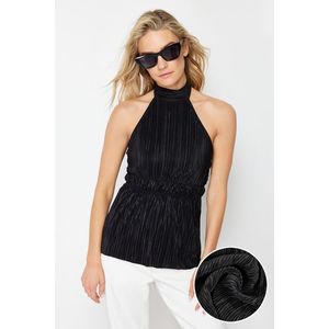 Trendyol Black Pleated Fitted/Body-Fitted Halter Neck Knitted Blouse obraz