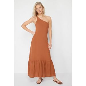 Trendyol Brown Midi Woven One Shoulder Beach Dress with Accessories obraz