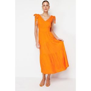 Trendyol Orange A-Cut Flounce V-neck Maxi Woven Dress obraz