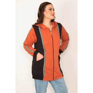 Şans Women's Plus Size Orange Zipper And Hood Detailed Color Combination Sweatshirt obraz