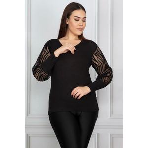 Şans Women's Plus Size Black Flocked Sleeves Tulle Blouse obraz
