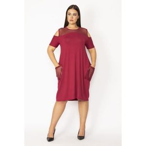 Şans Women's Plus Size Claret Red Burgundy Robe With Decollete And Pockets Mesh Detail Viscose Dress obraz