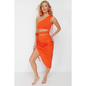 Trendyol Orange Fitted Knitted Cut Out/Window One-Shoulder Blouse Skirt Suit obraz
