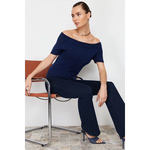 Trendyol Navy Blue Premium/Special Thread Carmen Collar Knitwear Sweater obraz