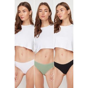 Trendyol Black-White-Mint 3-Pack Cotton Lace Detail Classic Knitted Briefs obraz