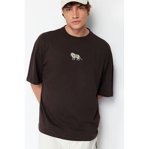 Trendyol Dark Brown Oversize Animal Embroidery Printed 100% Cotton T-Shirt obraz