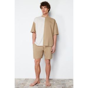Trendyol Beige Color Block Oversize Printed Knitted Summer Shorts Pajamas Set obraz