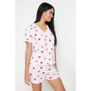 Trendyol Pudrově-Multicolor 100% Bavlněné Pruhované a Srdíčkové Pletené Pyžamo Set obraz