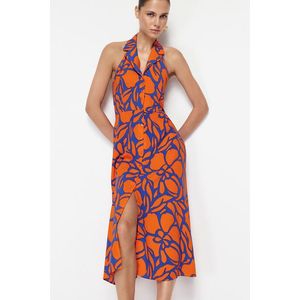 Trendyol Orange Floral Viscose Midi Woven Dress with Shirt Collar obraz