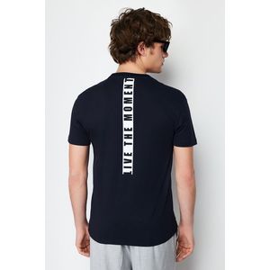 Trendyol Navy Blue Regular/Normal Fit Text Printed on Back 100% Cotton Short Sleeve T-Shirt obraz