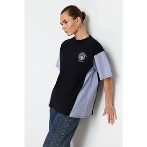 Trendyol Black Oversize/Wide Fit Poplin Detail Printed Knitted T-Shirt obraz