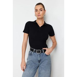 Trendyol Black Polo Neck Buttoned Short Sleeve Stretchy Ribbed Knitted Blouse obraz