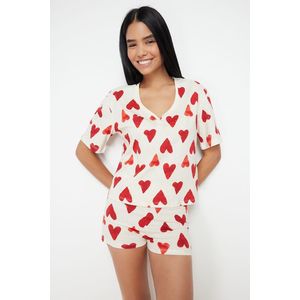 Trendyol Ecru 100% Cotton Heart Tshirt-Shorts Knitted Pajamas Set obraz