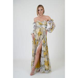 Carmen Yellow Strapless Slit Printed Evening Dress obraz