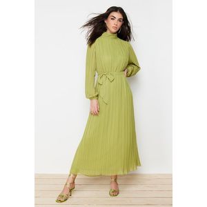 Trendyol Oil Green Pleated Woven Lined Chiffon Dress obraz