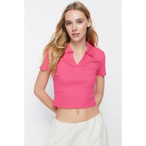 Trendyol Fuchsia Fitted Crop Polo Neck Ribbed Stretch Knitted Blouse obraz