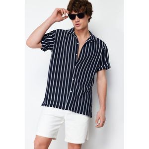 Trendyol Navy Blue Striped Relaxed Fit Knitwear Appearance Collar Shirt obraz