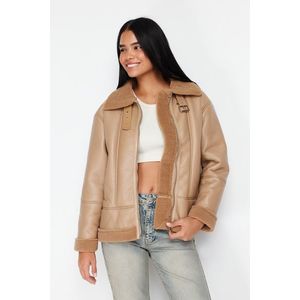 Trendyol Beige Plush Detailed Faux Leather Coat obraz