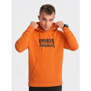 Ombre Men's kangaroo sweatshirt with hood and print - orange obraz