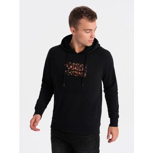 Ombre Men's kangaroo sweatshirt with hood and print - black obraz