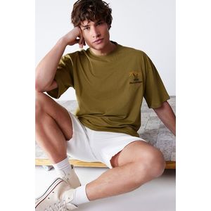 Trendyol Khaki Oversize Tropical Embroidery 100% Cotton T-Shirt obraz