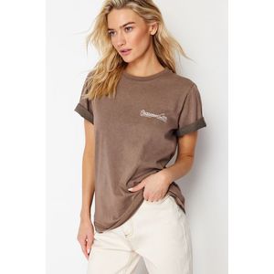Trendyol Brown Pale Effect Printed Basic Knitted T-Shirt obraz