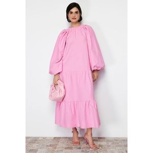 Trendyol Pink Balloon Sleeve Skirt Layered Cotton Woven Dress obraz