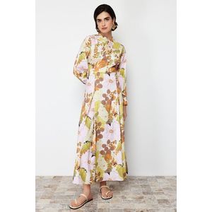 Trendyol Yellow Floral Pattern Flared Skirt Cotton Woven Dress obraz