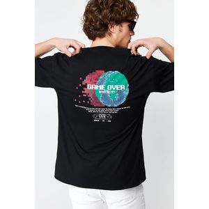 Trendyol Black Oversize/Wide-Fit Space Back Printed 100% Cotton T-shirt obraz