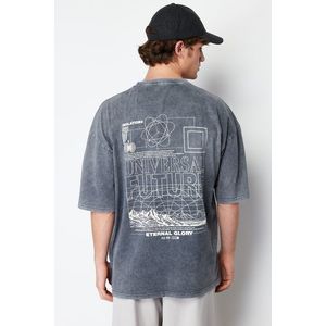 Trendyol Anthracite Oversize/Wide Cut Faded Effect Text Printed 100% Cotton T-Shirt obraz