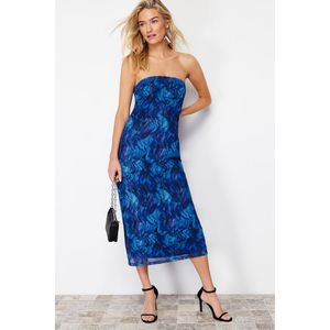 Trendyol Navy Blue Printed Tulle Lined Strapless Midi Knitted Dress obraz