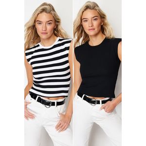 Trendyol 2-Pack Black-Multicolor Striped and Straight Ribbed Crop Moon Sleeve Elastic Knitted Blouse obraz