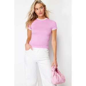 Trendyol Pink Viscose/Soft Fabric Color Block Body Fitting Stretchy Knitted T-Shirt obraz