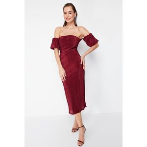 Trendyol Burgundy Sleeve Detailed Pleated Knitted Elegant Evening Dress obraz