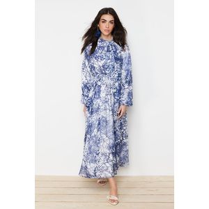 Trendyol Blue Floral Pattern Lined Long Chiffon Evening Dress obraz