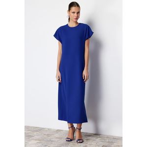 Trendyol Blue Straight Cut Short Sleeve Midi Woven Dress obraz