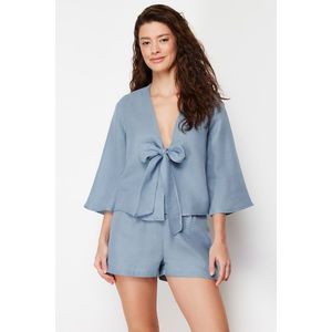 Trendyol Premium Blue 100% Cotton Tie Detailed Muslin Woven Pajamas Set obraz
