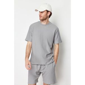 Trendyol Limited Edition Gray Oversize 100% Cotton Labeled Textured Basic Thick T-Shirt obraz