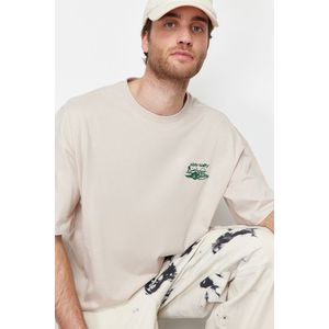 Trendyol Stone Oversize Tropical Embroidery 100% Cotton T-Shirt obraz