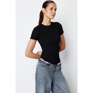 Trendyol Black Special Textured Tulle Slim Short Sleeve Stand Collar Knitted Body obraz