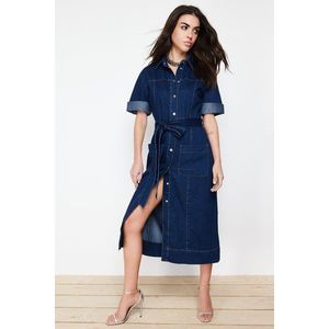 Trendyol Blue More Sustainable Belted Denim Maxi Dress obraz