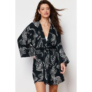 Trendyol Anthracite Belted Animal Patterned Viscose Woven Dressing Gown obraz