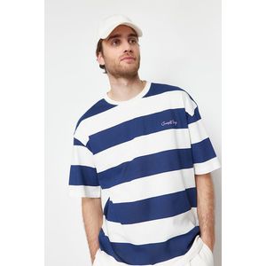 Trendyol Navy Blue Oversize Letter Embroidered Striped 100% Cotton T-Shirt obraz